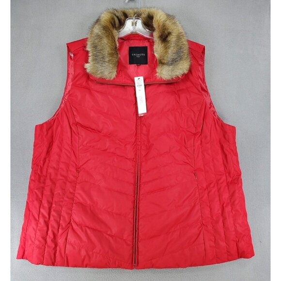 Talbots Red Down Puffer Vest Removable Faux Fur Collar PLUS 3x Pockets Quilted - Picture 1 of 8